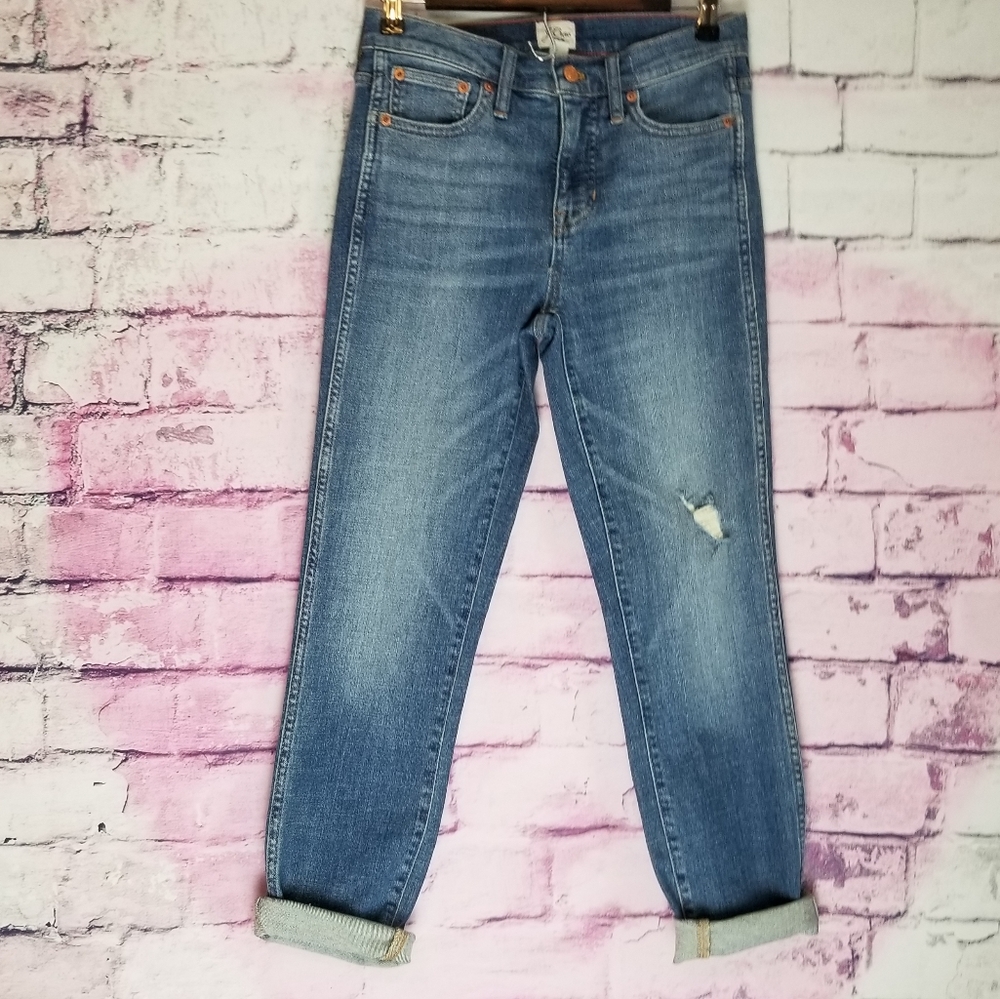 J. CREW 9" VINTAGE STRAIGHT DISTRESSED RAW ANKLE BLUE WASH JEANS 25